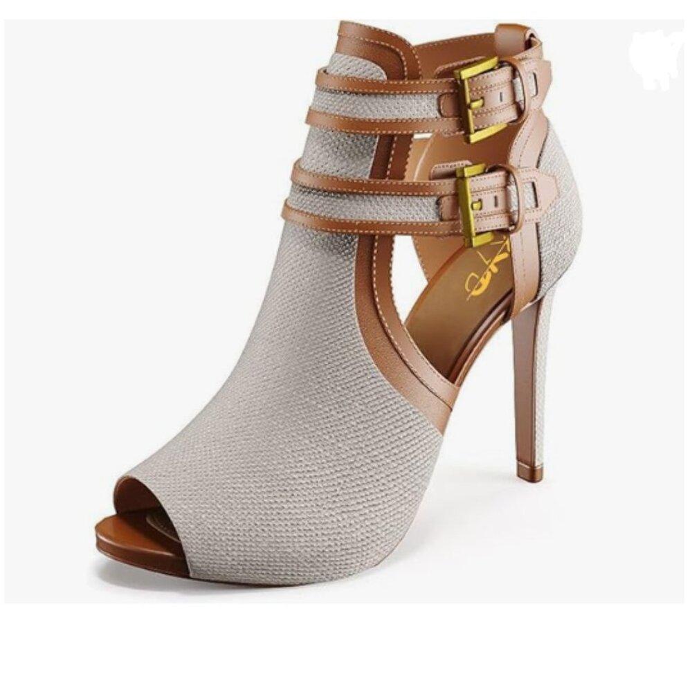 XYD Gainsboro-brown Peep Toe Ankle Bootie High Heels Buckled Double Straps Shoes